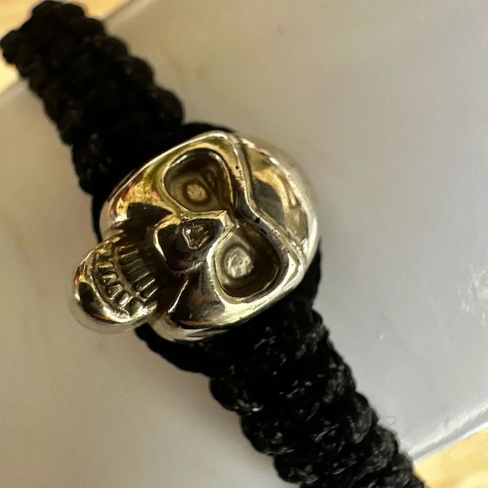 Adjustable Macrame Bracelet with Silver Tone Skull Bead
